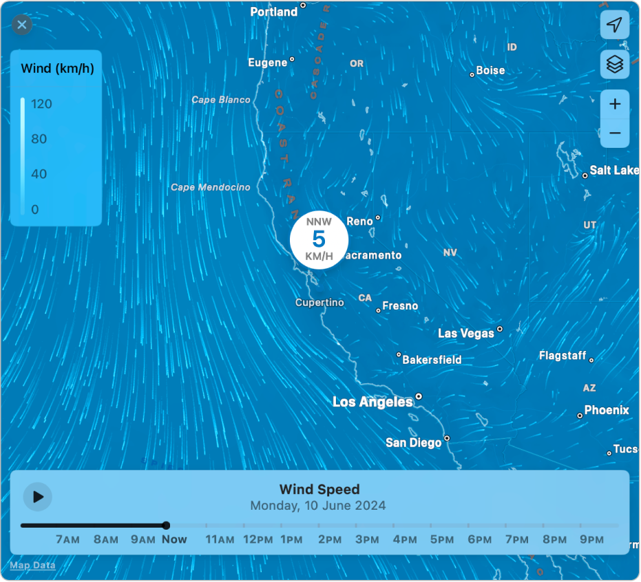 A detailed wind map centred on Cupertino, California.