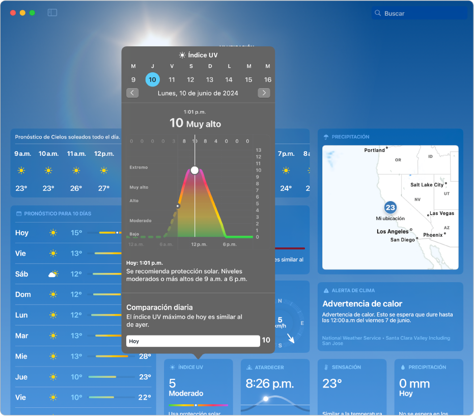 La ventana de la app Clima mostrando información adicional sobre el índice UV, incluida una gráfica del índice UV solar mundial (IUV) de la Organización Mundial de la Salud a lo largo del día, así como una descripción de la información.