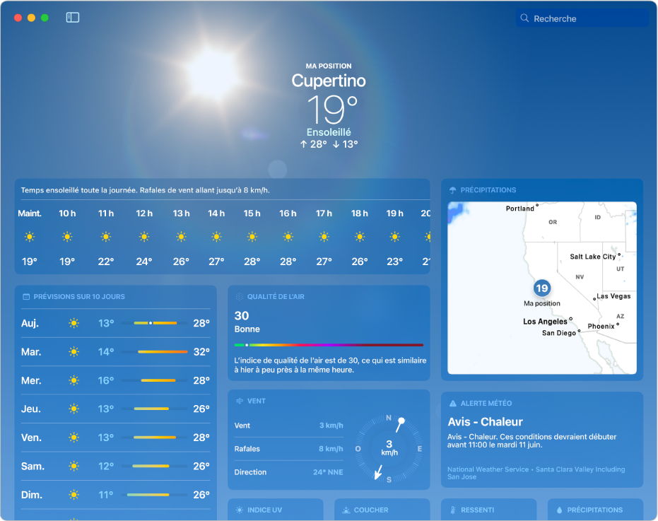 La fenêtre Météo affichant différentes informations, comme la température actuelle, les températures minimales et maximales de la journée, ainsi que les prévisions heure par heure et sur 10 jours.