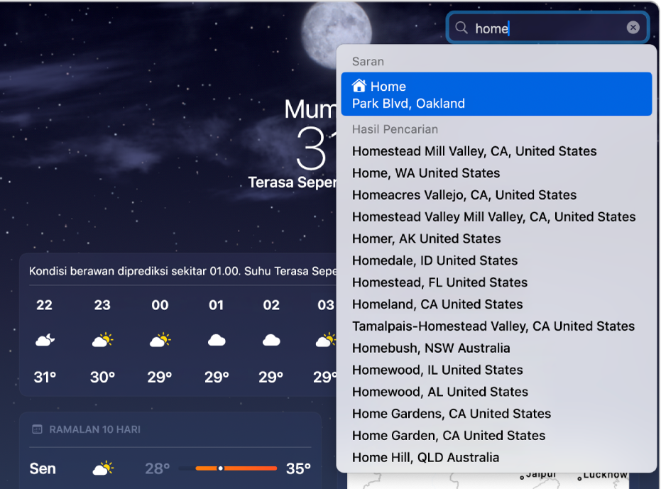 App Cuaca dengan “rumah” dimasukkan di bar pencarian. Alamat rumah muncul pertama, di atas hasil pencarian lainnya.