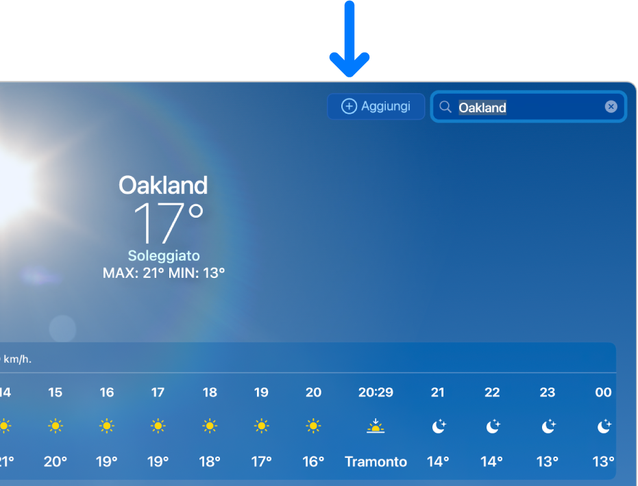 Il risultato della ricerca di una città è mostrato nell’app Meteo.