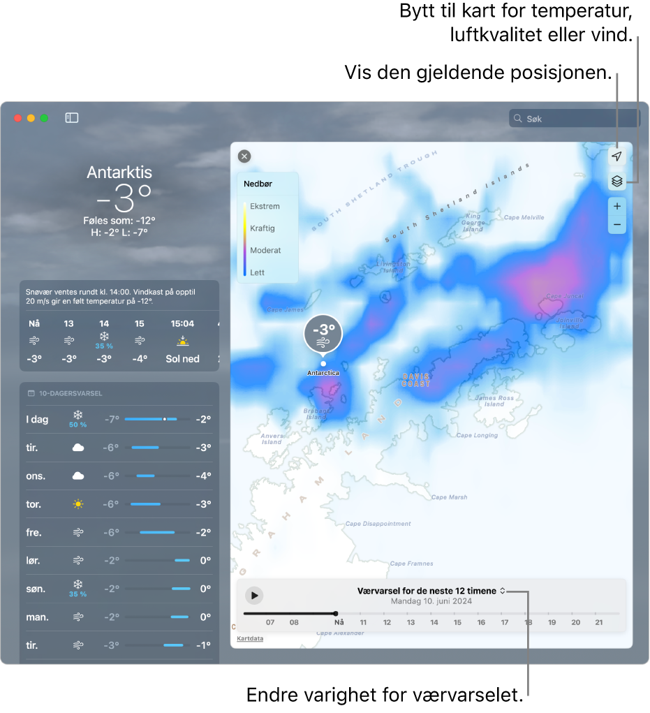 Været-appen viser nåværende sted, gjeldende temperatur og værforhold, times- og 10-dagersvarsel samt en tidslinje.