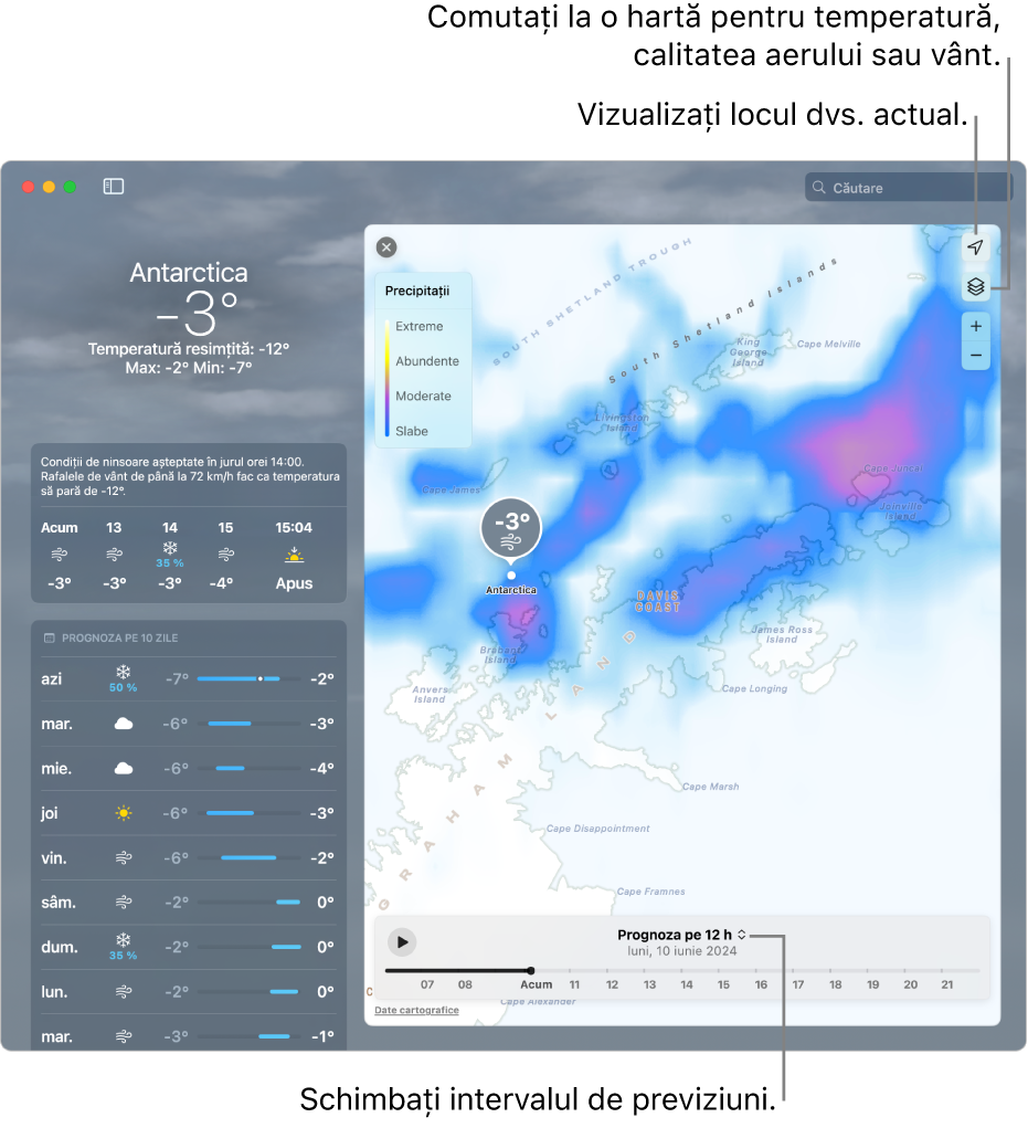 Aplicația Vremea afișând localizarea, temperatura curentă și condițiile meteo, prognoza orară și cea pe 10 zile și o cronologie.