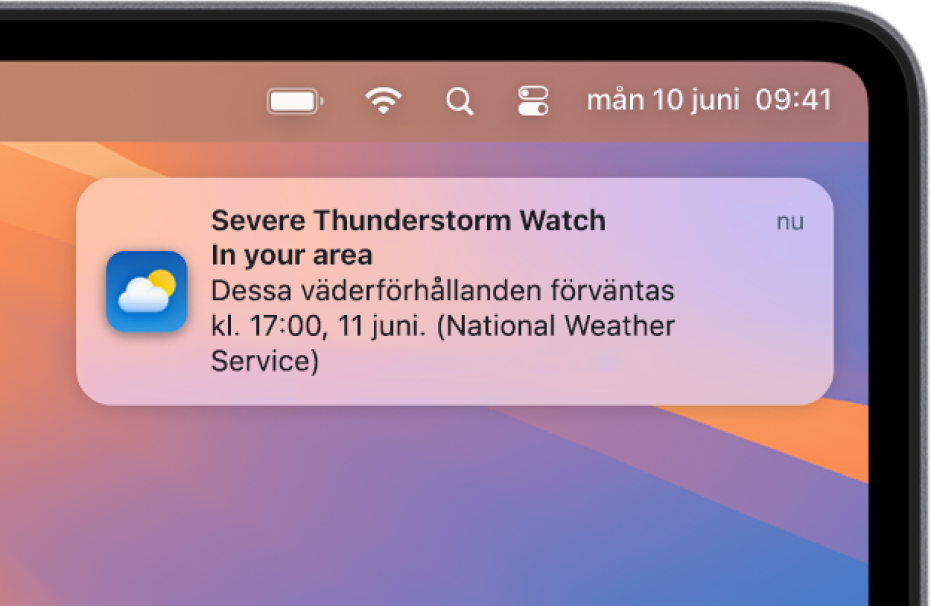 En notis visar ett meddelande från National Weather Service om ett kraftigt åskoväder.