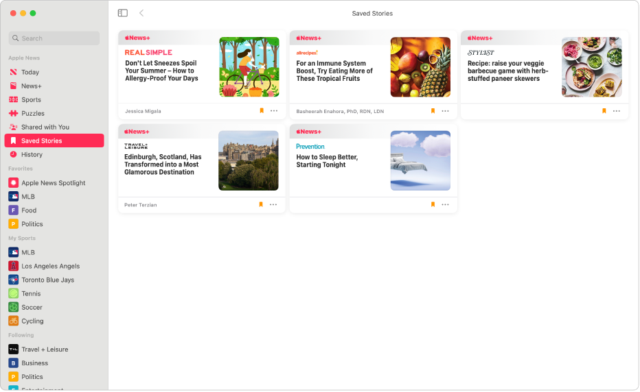 The Apple News window showing Saved Stories selected in the sidebar and five saved stories arranged in a grid on the right.