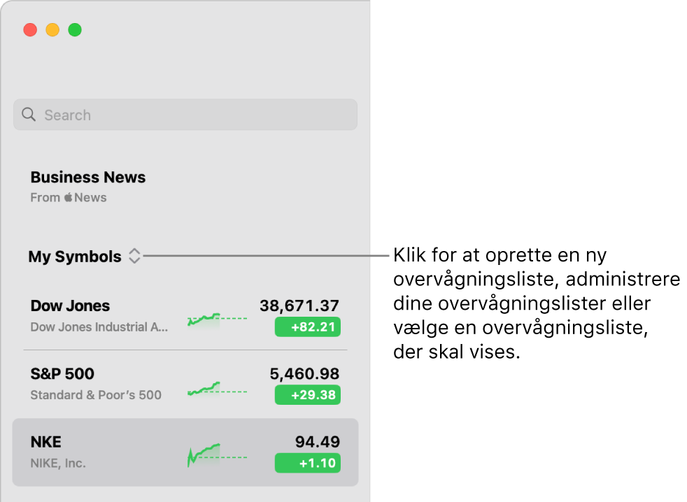 Lokalmenuen med overvågningslister øverst i indholdsoversigten med navnet på den aktuelle overvågningsliste.