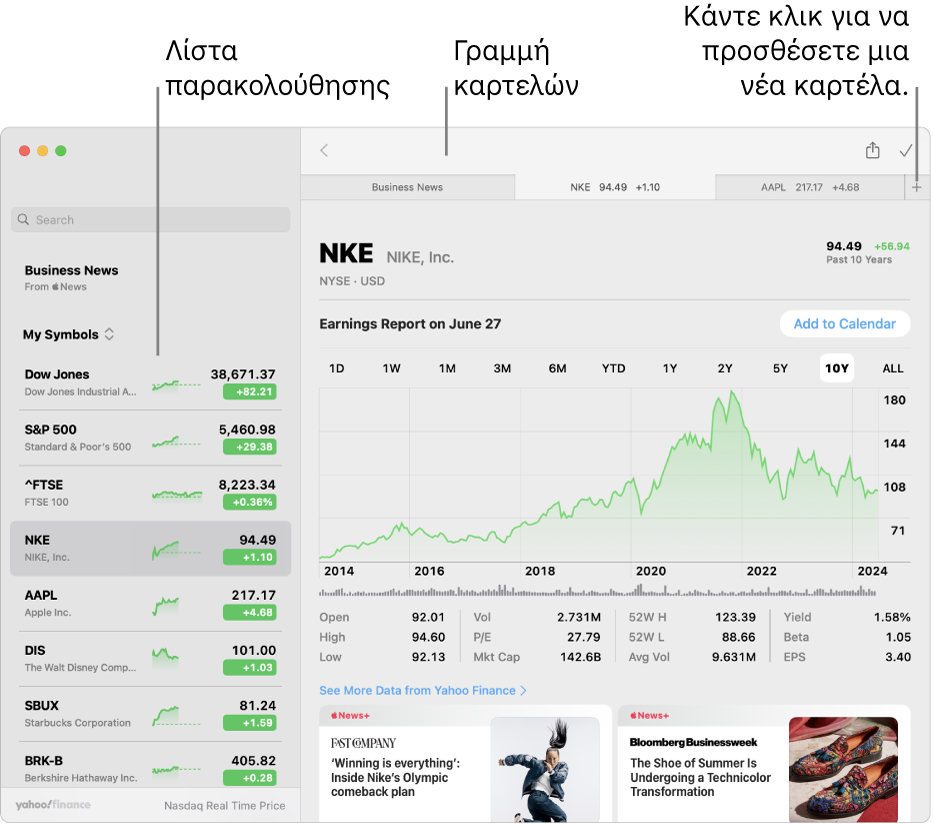 Παράθυρο των Μετοχών, στο οποίο εμφανίζεται η λίστα παρακολούθησης στα αριστερά με ένα επιλεγμένο σύμβολο μετοχής, και το αντίστοιχο γράφημα και η τροφοδοσία ειδήσεων στο δεξιό τμήμα. Στο πάνω μέρος του παραθύρου υπάρχουν καρτέλες για επιλεγμένα σύμβολα μετοχών, μαζί με ένα σύμβολο συν το οποίο μπορεί να χρησιμοποιηθεί για την προσθήκη μιας νέας καρτέλας.