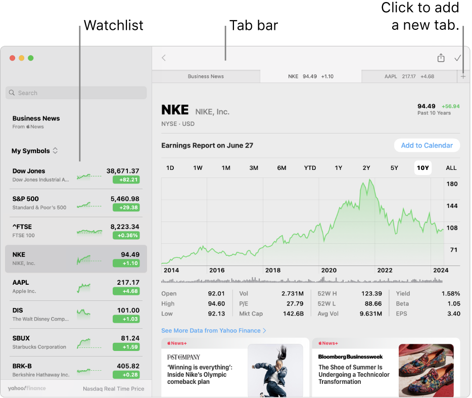 A Stocks window showing the watchlist on the left with one ticker symbol selected, and the corresponding chart and news feed in the right pane. Tabs for selected ticker symbols are across the top of the window, along with a plus sign which can be used to add a new tab.