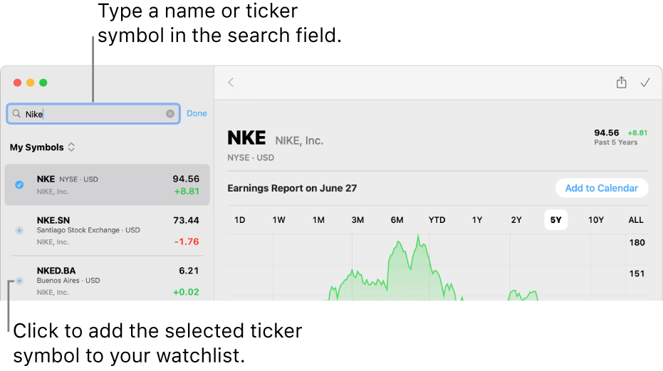 A Stocks window showing the search field, a list of search results and the Add to Watchlist button.