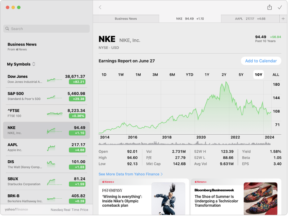 A Stocks window, showing the watchlist on the left, a chart in the upper right, and news headlines in the lower right.