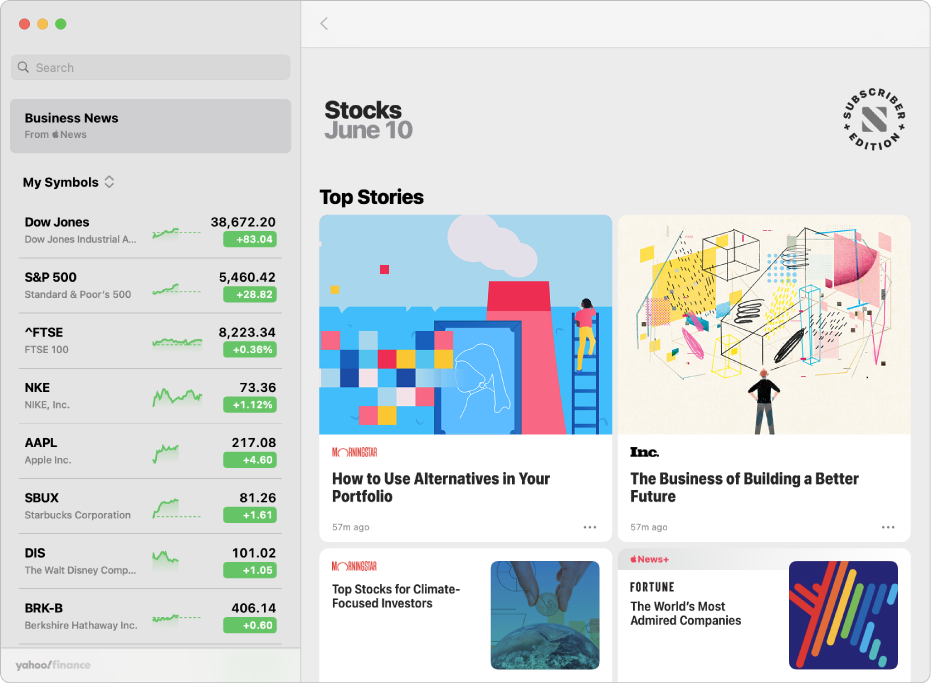 A Stocks window showing the top business news stories.