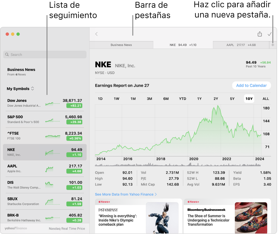 Una ventana de Bolsa en la que se muestra la lista de valores a la izquierda con el símbolo de una empresa seleccionado y el gráfico correspondiente junto con el canal de noticias en el panel derecho. Las pestañas de los símbolos de empresas seleccionados se sitúan en la parte superior de la ventana e incluyen un signo más que se puede usar para añadir una pestaña nueva.