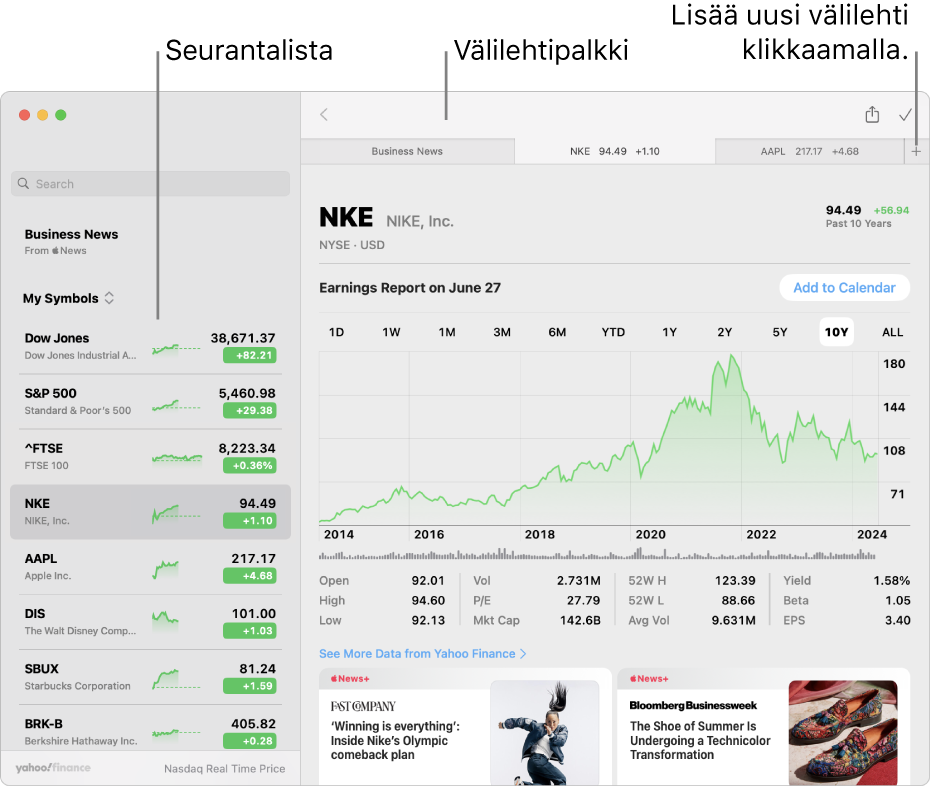 Pörssin ikkuna. Vasemmalla on seurantalista, jossa yksi osakesymboli on valittuna. Oikeassa osiossa on sitä vastaava kaavio ja uutissyöte. Valittujen osakesymboleiden välilehdet ovat ikkunan yläreunassa. Niiden vieressä on plus-merkki, jolla voidaan lisätä uusi välilehti.