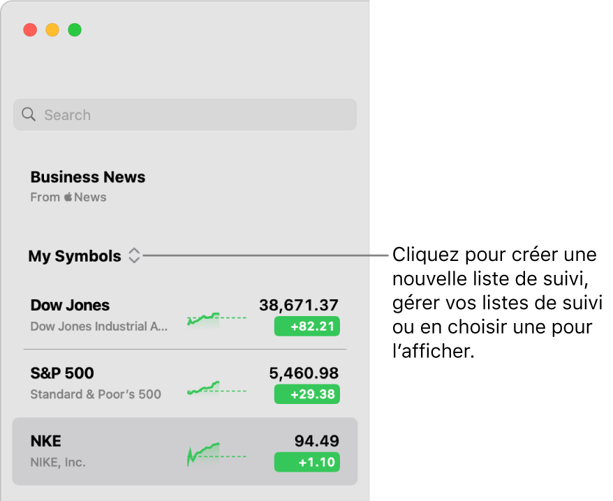 Le menu contextuel de la liste de suivi est affiché en haut de la barre latérale avec le nom de la liste de suivi actuel.