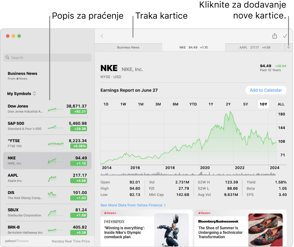 Prozor Dionica s prikazom popisa praćenja s lijeve strane i jednim odabranim simbolom indeksa i odgovarajućim grafikonom i vijestima u desnom prozoru. Kartice za odabrane simbole indeksa nalaze se na vrhu prozora zajedno sa znakom plusa koji se može koristiti za dodavanje nove kartice.