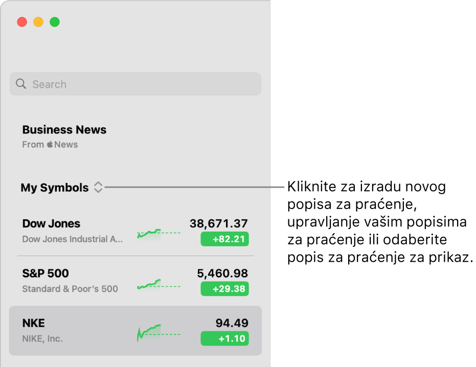 Skočni izbornik popisa praćenja pri vrhu rubnog stupca s nazivom trenutačnog popisa praćenja.