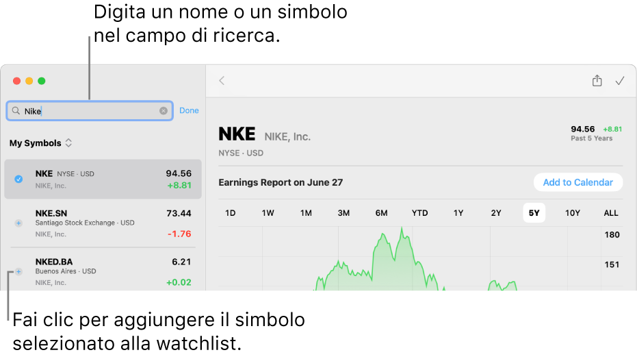 Una finestra di Borsa che mostra il campo di ricerca, un elenco di risultati di ricerca e il pulsante “Aggiungi al portafoglio”.