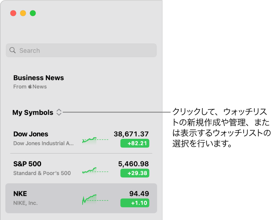 サイドバー上部のウォッチリストポップアップメニュー。現在のウォッチリストの名前が表示されています。