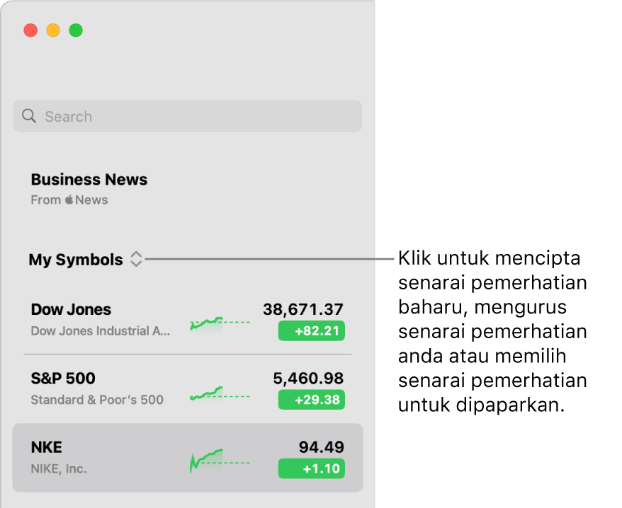 Menu timbul senarai pemerhatian di bahagian atas bar sisi dengan nama senarai pemerhatian semasa.
