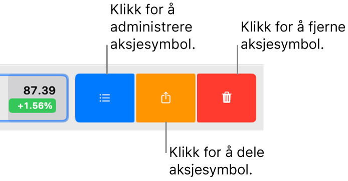 Administrer-, Del- og Fjern-knappene som vises når du markerer et tickersymbol i listen og sveiper til venstre.