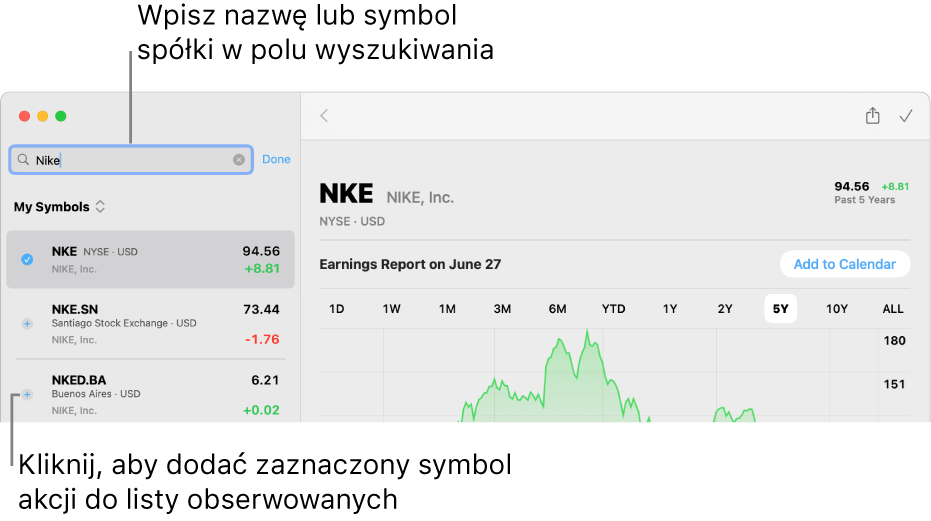 Okno aplikacji Giełda z widocznym polem wyszukiwania, listą wyników wyszukiwania oraz przyciskiem Dodaj do obserwowanych.