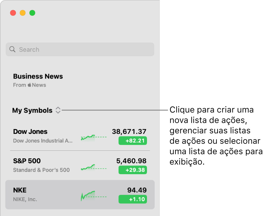 O menu pop‑up da lista de ações na parte superior da barra lateral com o nome da lista de ações atual.