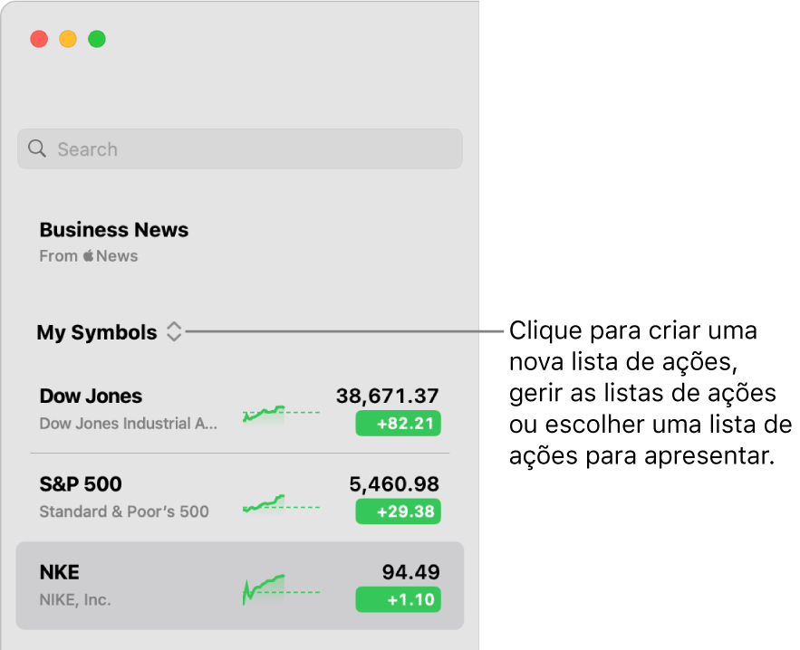 O menu pop-up da lista de ações na parte superior da barra lateral com o nome da lista de ações atual.