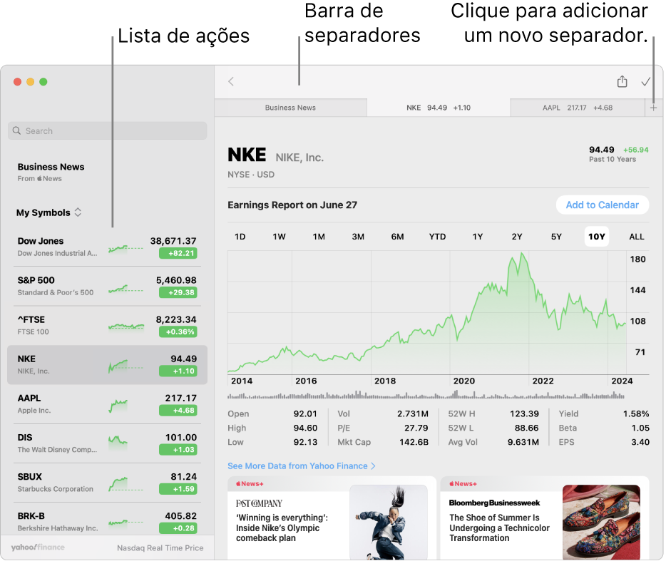 Uma janela da Bolsa que mostra a lista de ações à esquerda com um símbolo selecionado e o gráfico correspondente e notícias no painel à direita. Os separadores para símbolos de ticker selecionados estão na parte superior da janela, juntamente com um sinal de mais que pode ser usado para adicionar um novo separador.