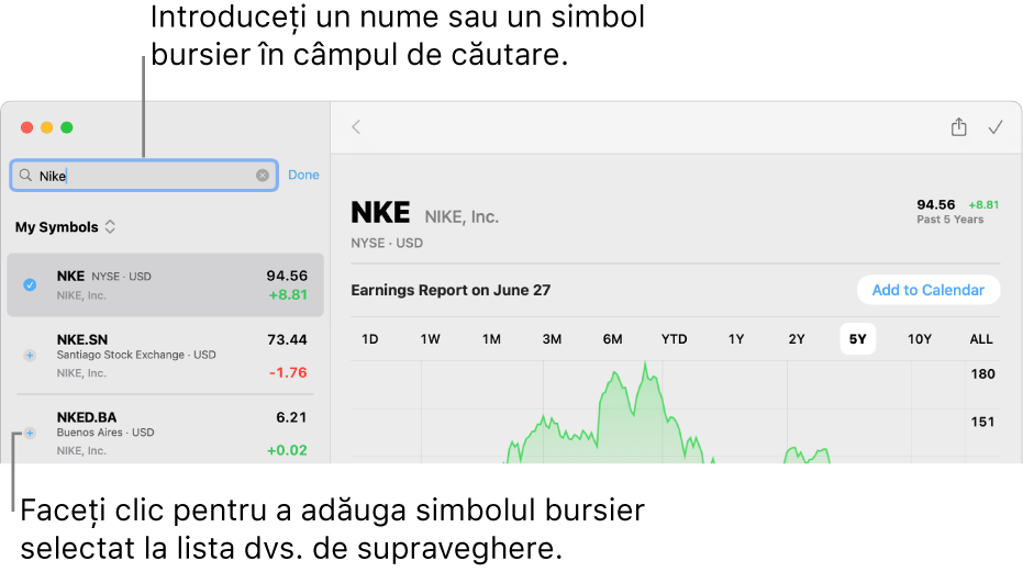 O fereastră Bursa afișând câmpul de căutare, o listă cu rezultatele căutării și butonul Adaugă în lista de supraveghere.