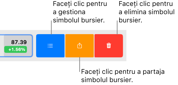 Butoanele Gestionează, Partajează și Elimină apar când selectați un simbol bursier în lista de supraveghere și glisați la stânga.