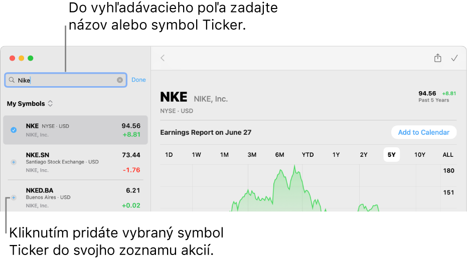 Okno apky Akcie s vyhľadávacím poľom, zoznamom výsledkov vyhľadávania a tlačidlom Pridať do zoznamu akcií.