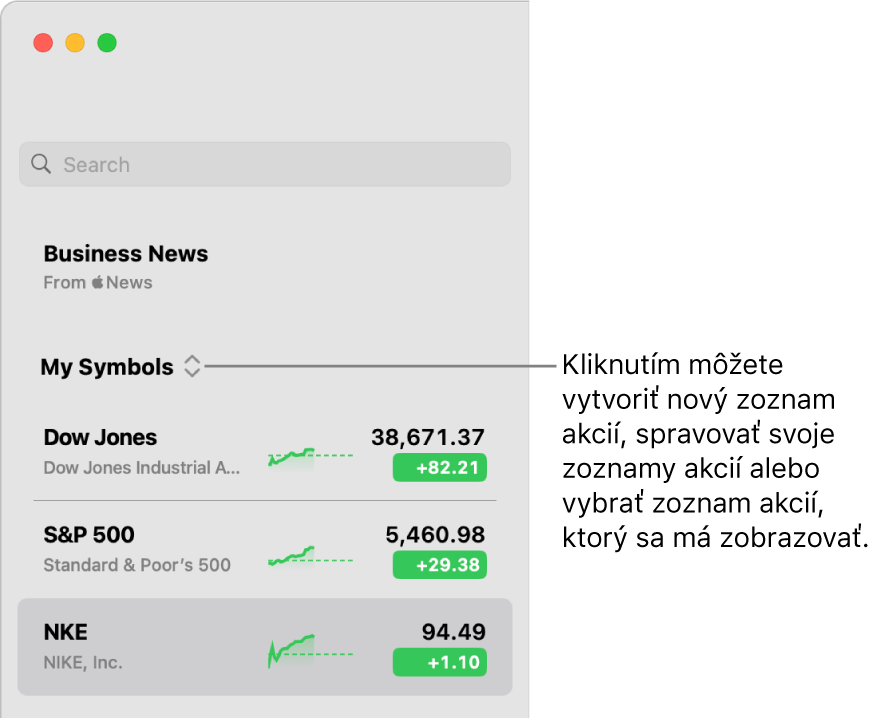 Vyskakovacie menu zoznamu akcií v hornej časti postranného panela s názvom aktuálneho zoznamu akcií.