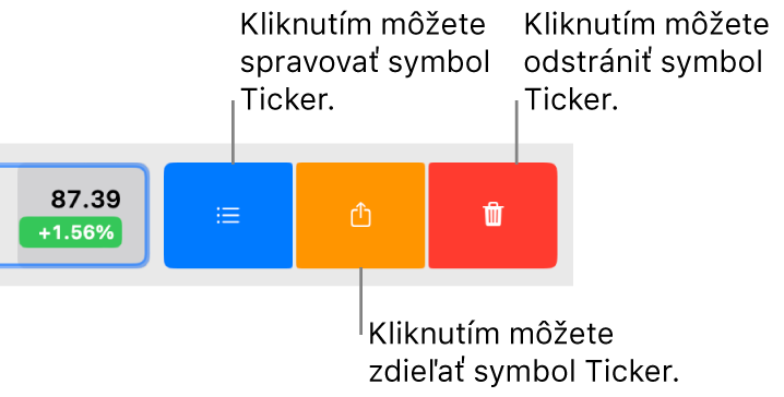 Tlačidlá Spravovať, Zdieľať a Odstrániť, ktoré sa zobrazia, keď vyberiete symbol tickera v zozname akcií a potiahnete prstami doľava.
