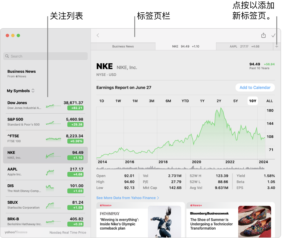 “股市”窗口，左侧显示关注列表，其中股票代码已选定，右侧面板中有相应的走势图和新闻提要。所选股票代码的标签页横列于窗口顶部，旁边还有一个可用于添加新标签页的加号。