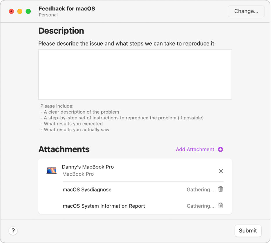 A Feedback Assistant report window showing the empty description field and attachments being automatically gathered.