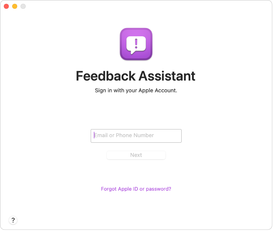 The Feedback Assistant sign-in window.