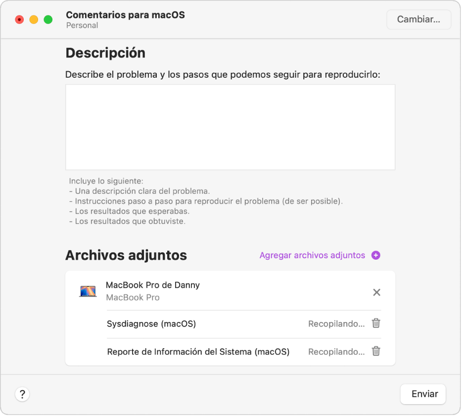 Una ventana de informe de Feedback Assistant muestra el campo de descripción vacío y los archivos adjuntos obtenidos automáticamente.