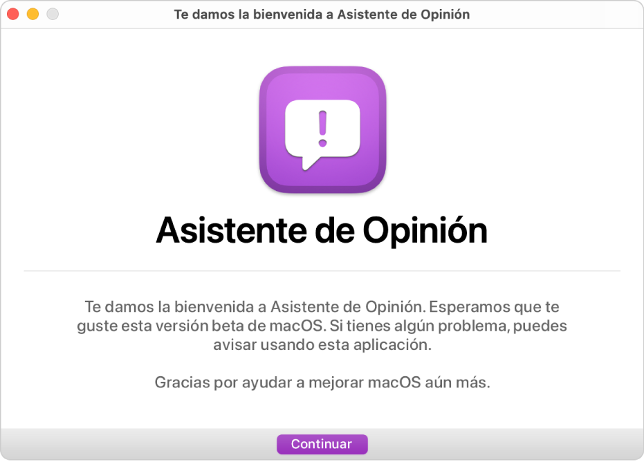 Ventana de bienvenida de la app Asistente de Opinión.