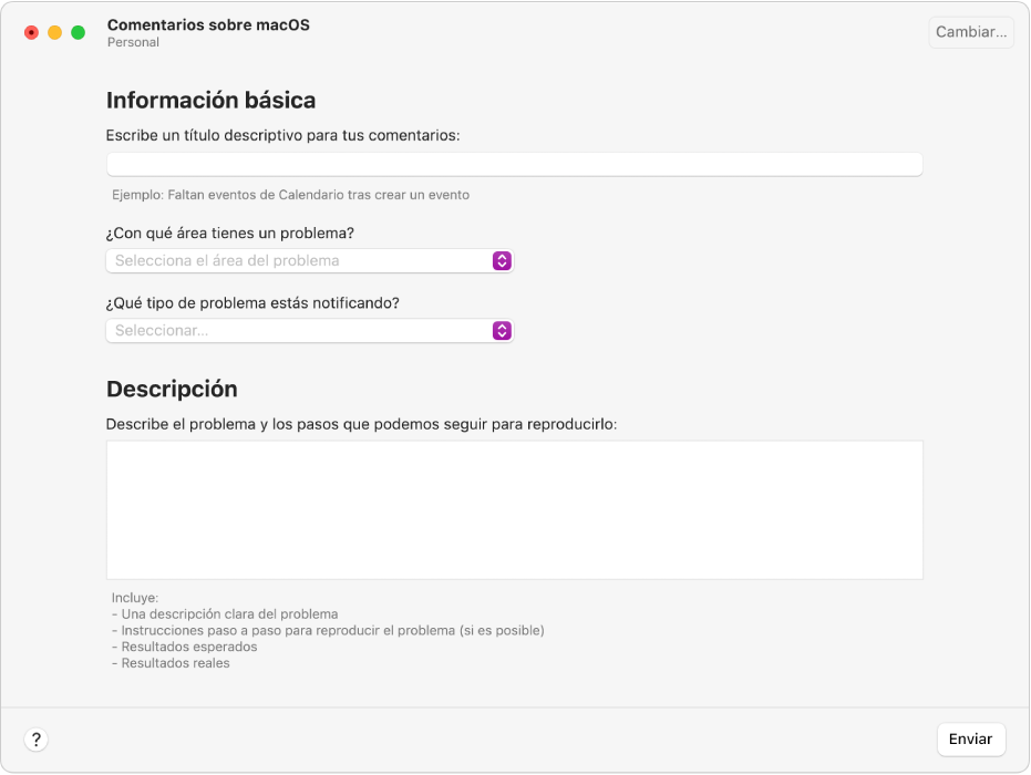 Formulario de comentarios con los campos de información básica y descripción.