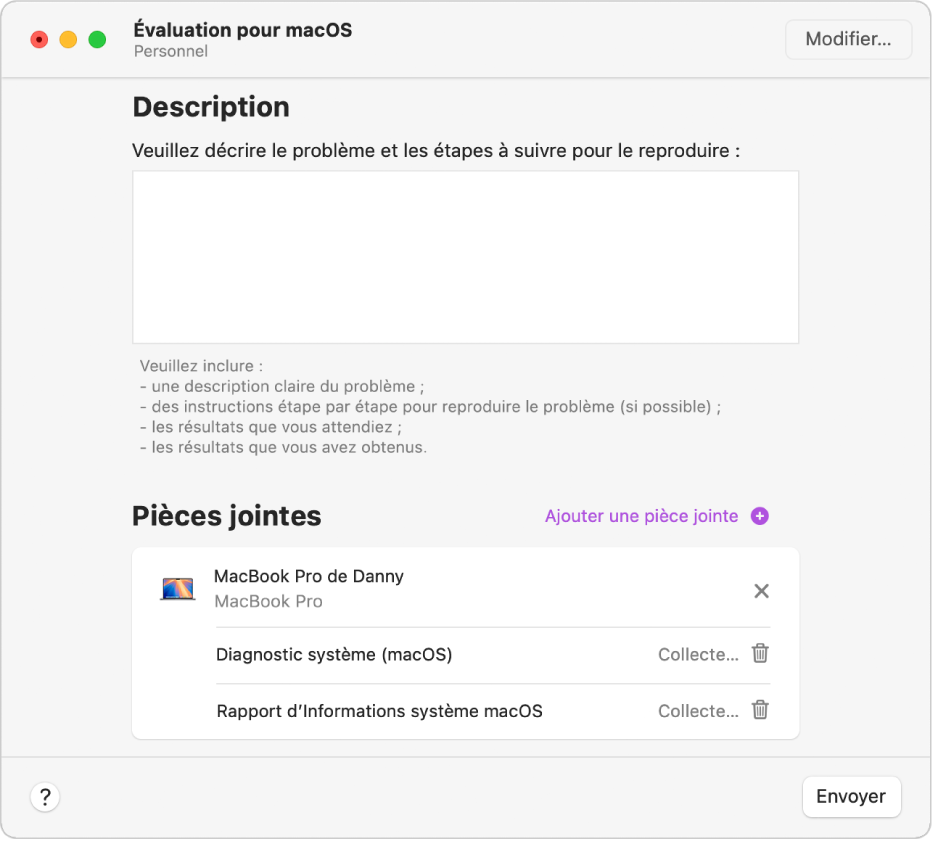 Une fenêtre de rapport d’Assistant d’évaluation affichant le champ de description vide et des pièces jointes automatiquement recueillies.