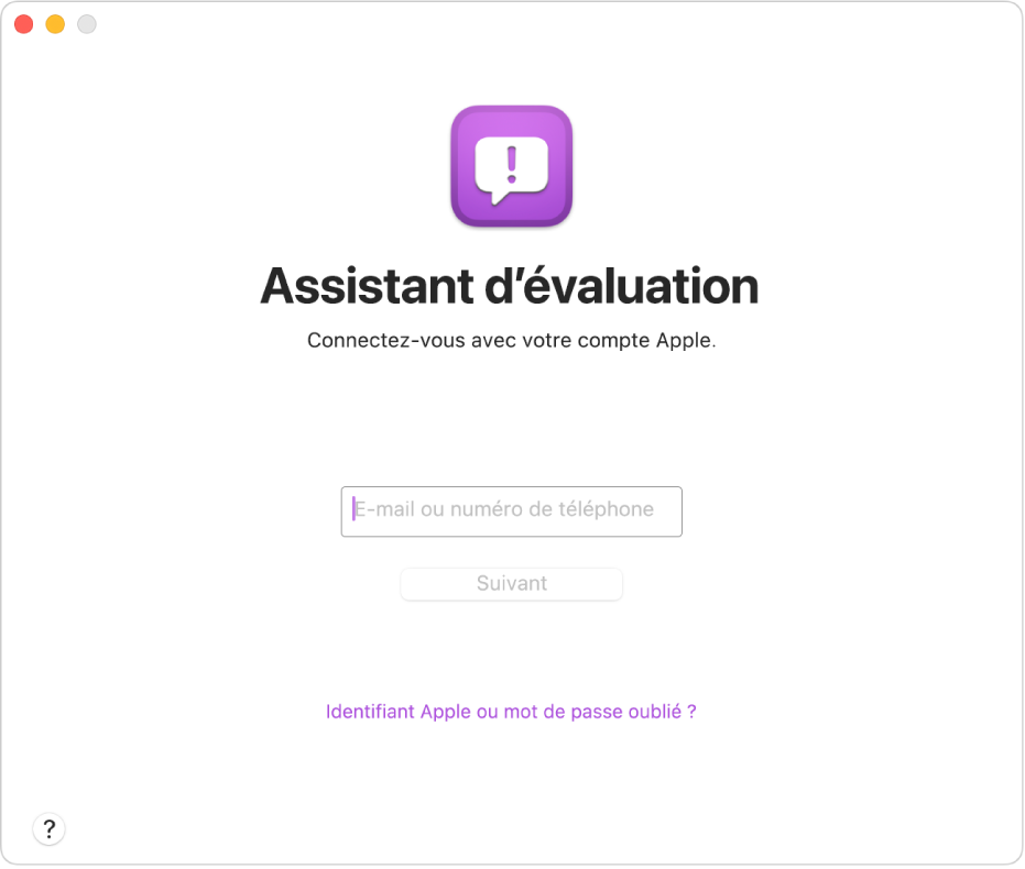 Fenêtre de connexion d’Assistant d’évaluation.
