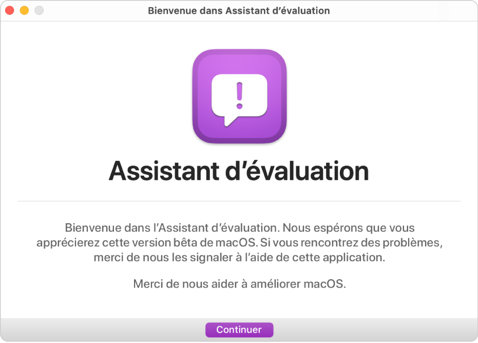 La fenêtre « Bienvenue dans Assistant d’évaluation ».