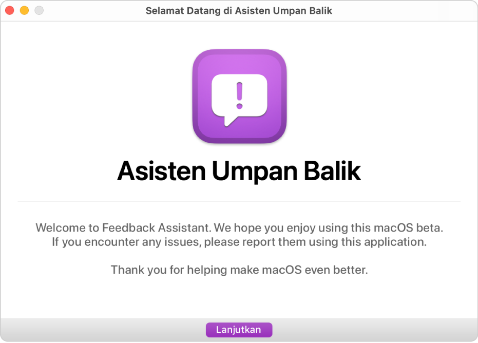 Jendela Selamat Datang di Asisten Umpan Balik.