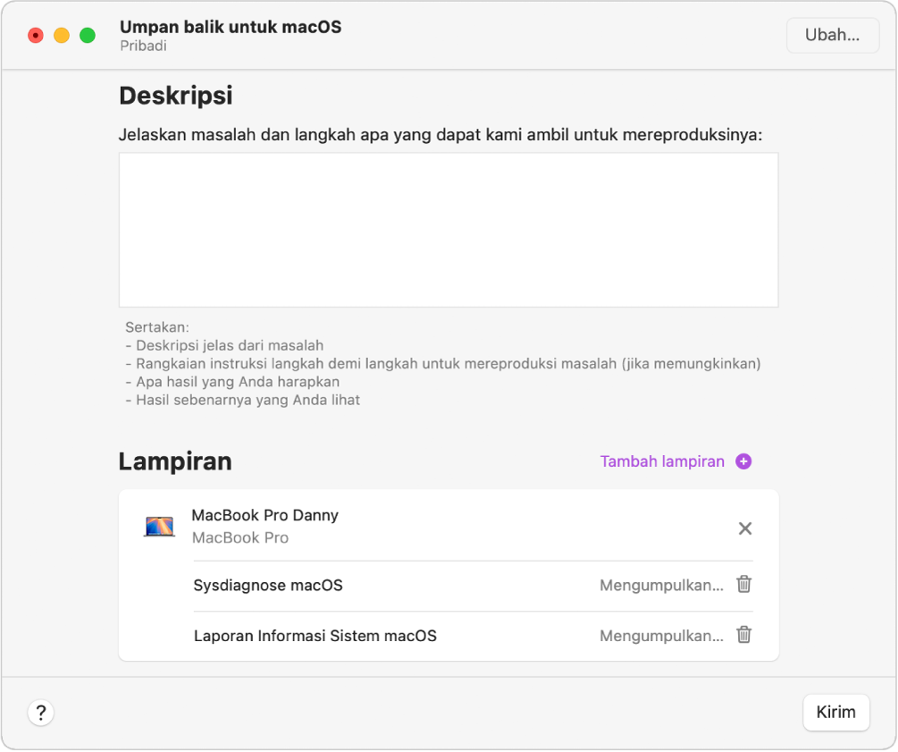 Jendela laporan Asisten Umpan Balik yang menampilkan bidang deskripsi kosong dan lampiran yang sedang dikumpulkan secara otomatis.