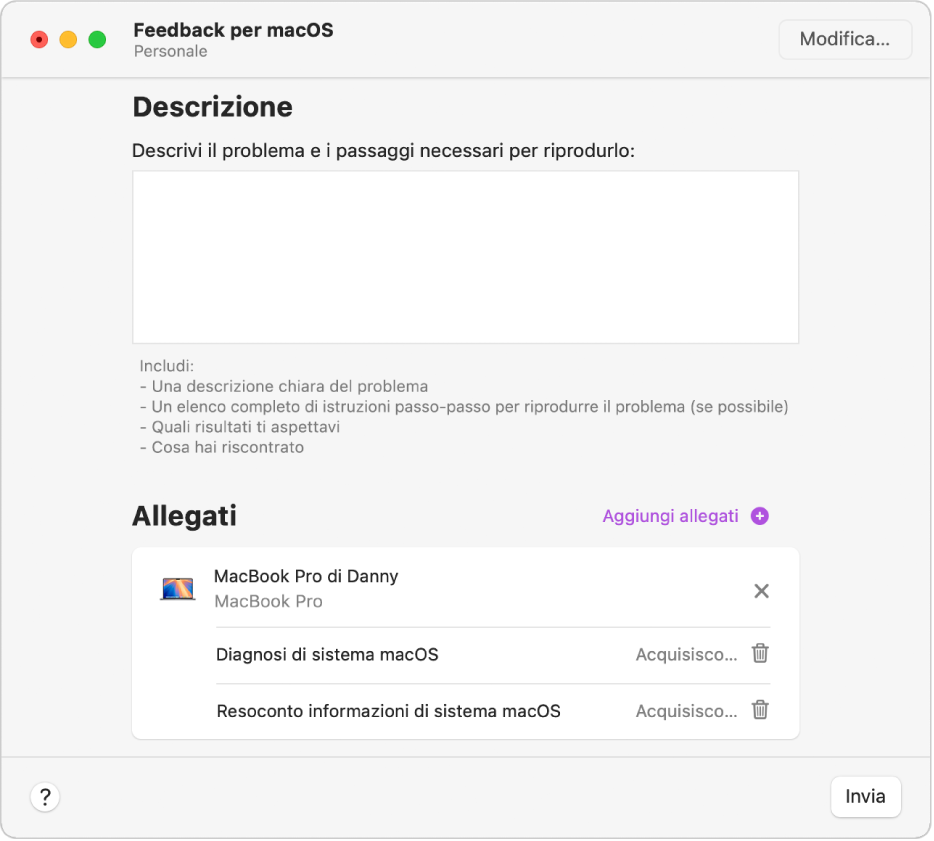 Una finestra di un feedback in Feedback Assistant che mostra il campo della descrizione vuoto e gli allegati raccolti automaticamente.