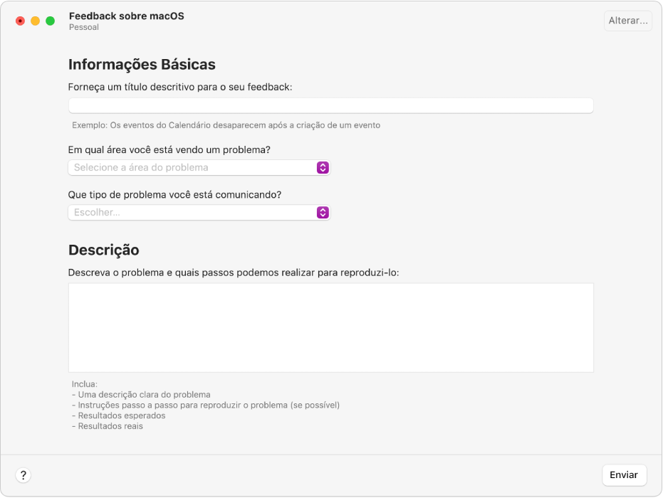Formulário de feedback mostrando os campos de informações básicas e de descrição.