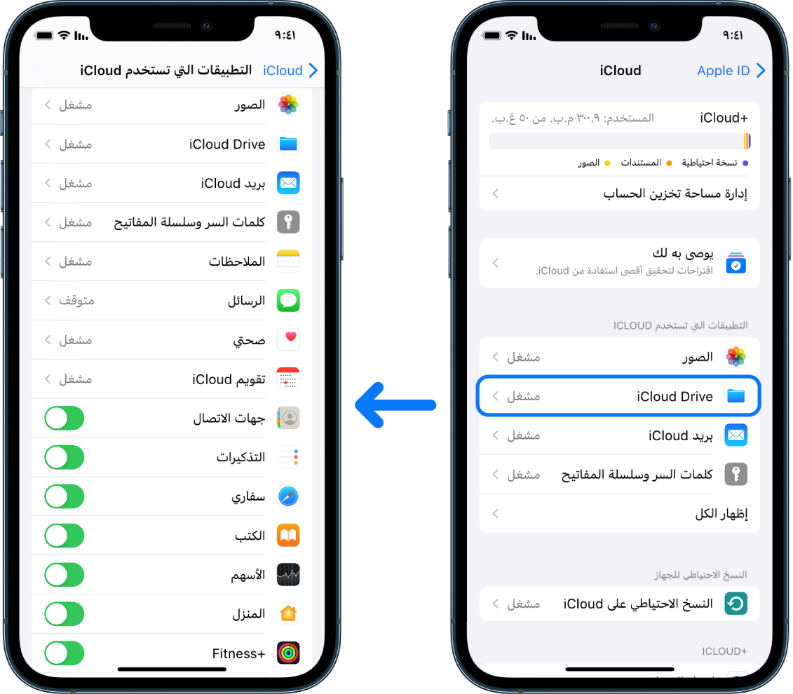 هاتف iPhone يعرض حساب Apple ID تم تسجيل دخوله مع وجود عدد من خدمات iCloud المتنوعة قيد التشغيل.