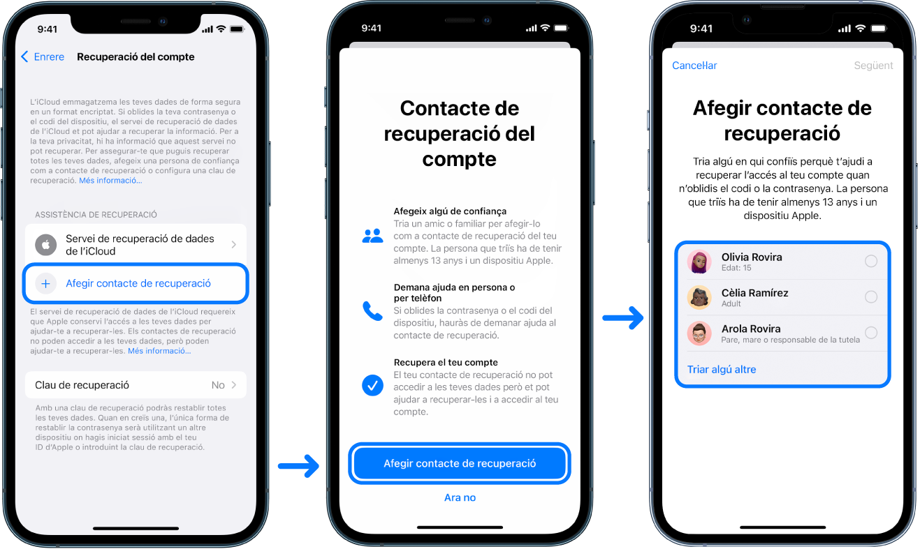 Tres pantalles de l’iPhone en què es mostra com s’afegeixen els contactes de recuperació del compte.