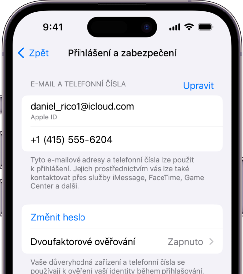 Displej iPhonu se zapnutým dvoufaktorovým ověřováním