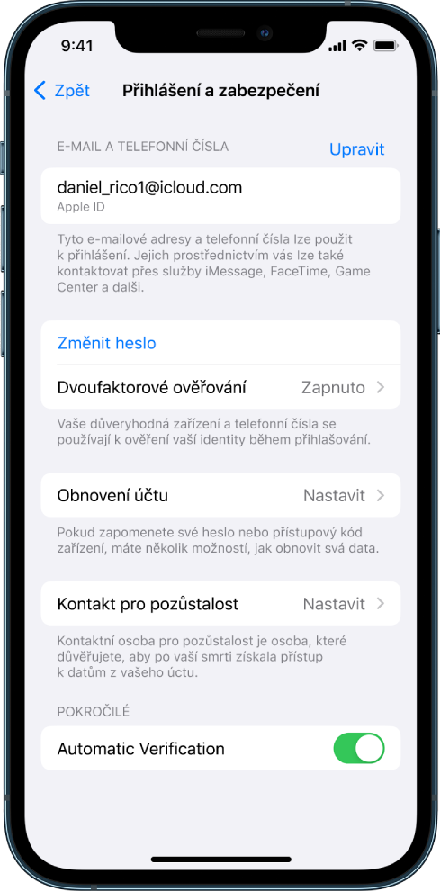 Displej iPhonu s vypnutým dvoufaktorovým ověřováním